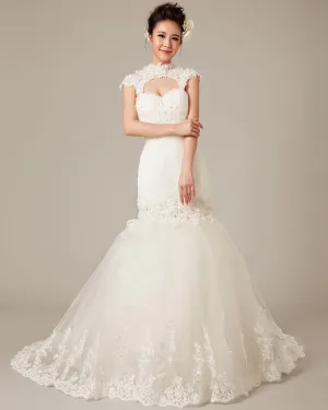 Sierlijke Applique Beading Hoge Hals Tule Zeemeermin Bruidsjurken Trouwjurken
