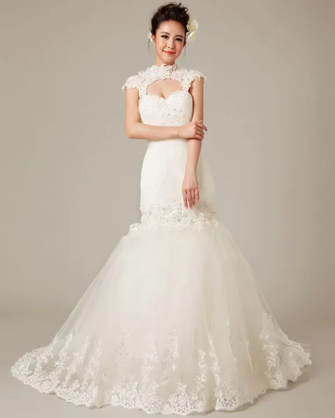 Graceful Applique Beading High Neck Tulle Mermaid Wedding Dress