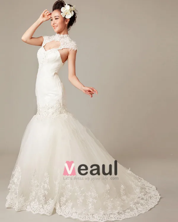 Graceful Applique Beading High Neck Tulle Mermaid Wedding Dress