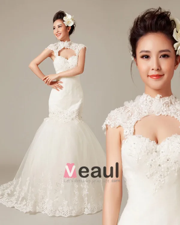 Graceful Applique Beading High Neck Tulle Mermaid Wedding Dress
