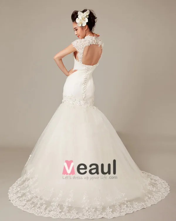 Graceful Applique Beading High Neck Tulle Mermaid Wedding Dress