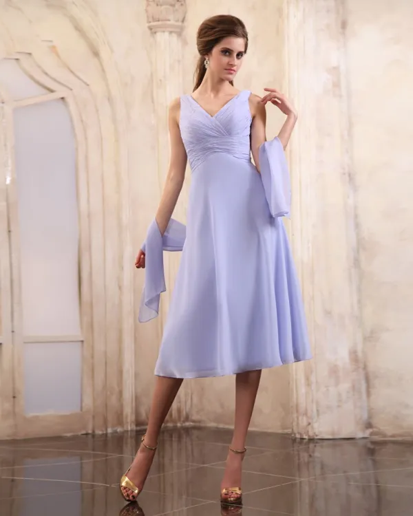 Beautiful Ruffle V-Neck Tea-length Chiffon Mothers of Bride Special Guests Dress