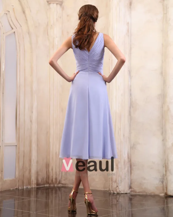 Beautiful Ruffle V-Neck Tea-length Chiffon Mothers of Bride Special Guests Dress