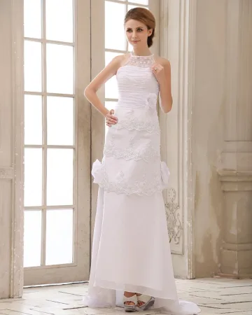 Elegant Perlage Applique Sans Manches En Mousseline De Soie Balayage De Femmes De Dentelle Robe De Mariée Fourreau