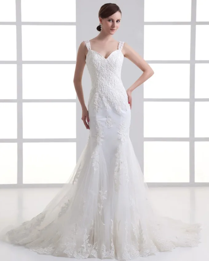 Tyll Frynse Skulder Stropper Domstol Tog Havfrue Brudekjoler Bryllupskjoler