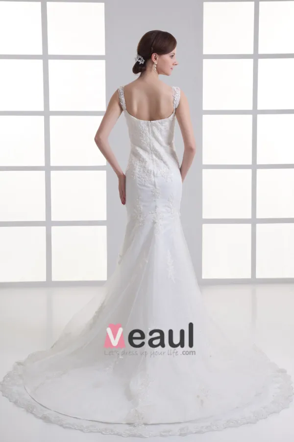 Tulle Ruffle Beading Shoulder Straps Court Train Mermaid Wedding Dress