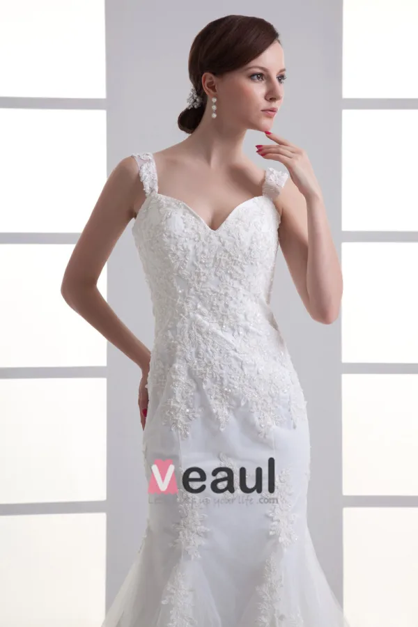 Tulle Ruffle Beading Shoulder Straps Court Train Mermaid Wedding Dress