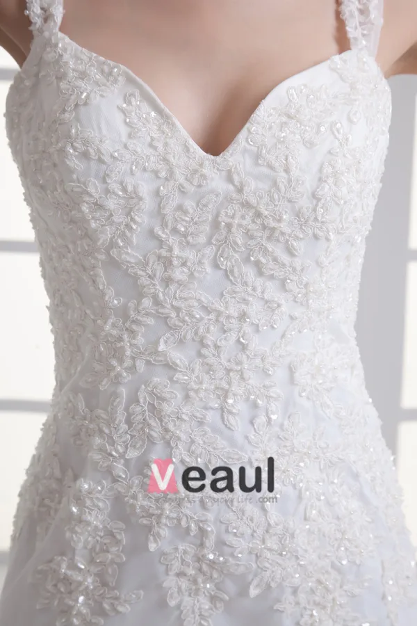 Tulle Ruffle Beading Shoulder Straps Court Train Mermaid Wedding Dress