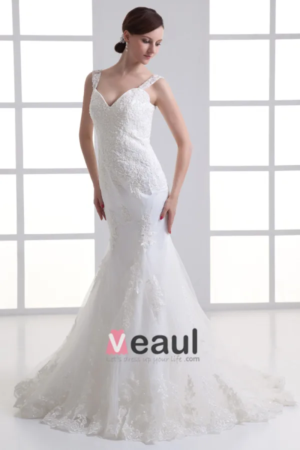 Tulle Ruffle Beading Shoulder Straps Court Train Mermaid Wedding Dress