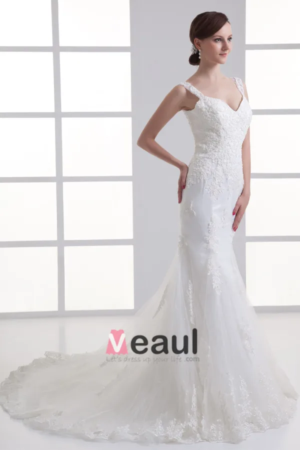 Tulle Ruffle Beading Shoulder Straps Court Train Mermaid Wedding Dress