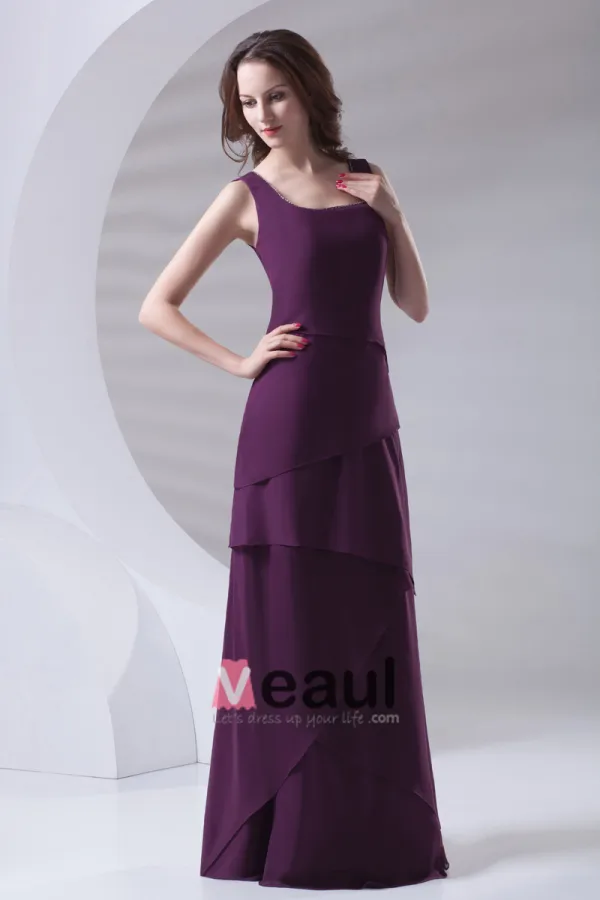 Shoulder Straps Pleated Floor Length Chiffon Mother of The Bride Dress
