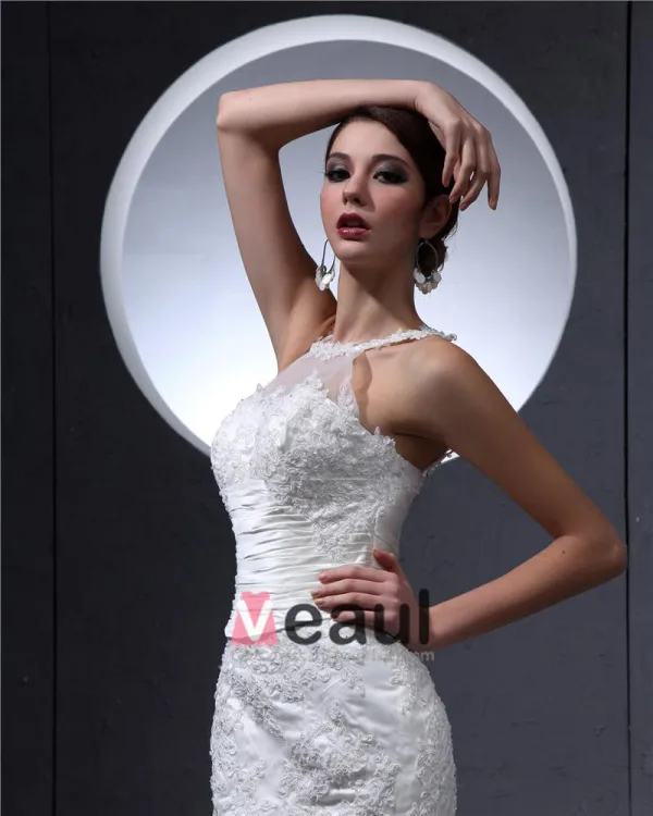 Satin Lace Round Neck Chapel Mermaid Bridal Gown Wedding Dress