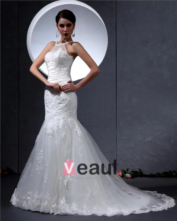 Satin Lace Round Neck Chapel Mermaid Bridal Gown Wedding Dress