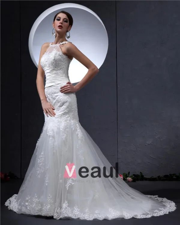 Satin Lace Round Neck Chapel Mermaid Bridal Gown Wedding Dress