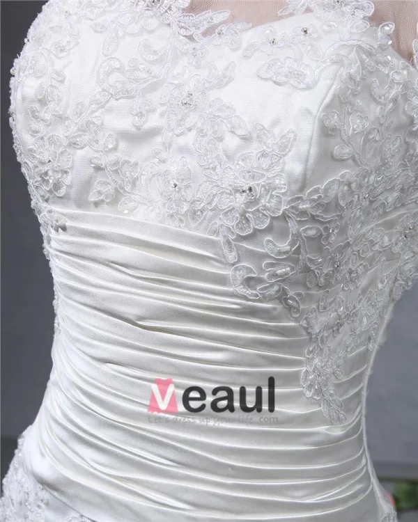 Satin Lace Round Neck Chapel Mermaid Bridal Gown Wedding Dress