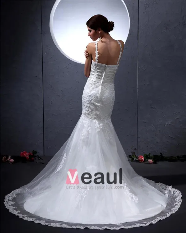 Satin Lace Round Neck Chapel Mermaid Bridal Gown Wedding Dress