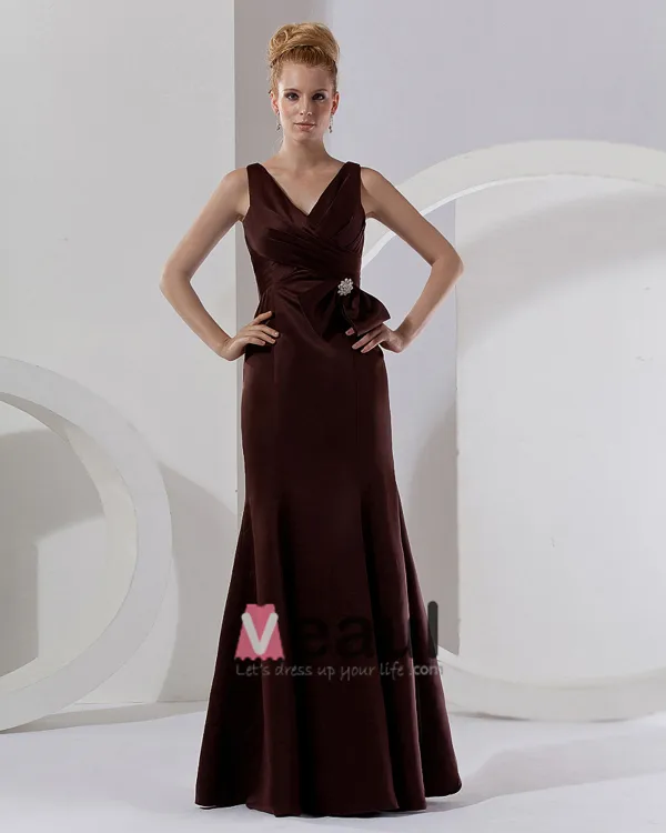 Flowers Satin Ruffles V-Neck Sleeveless Floor Length Bridesmaid Dresses