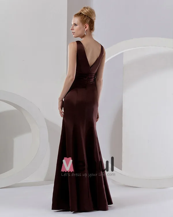 Flowers Satin Ruffles V-Neck Sleeveless Floor Length Bridesmaid Dresses