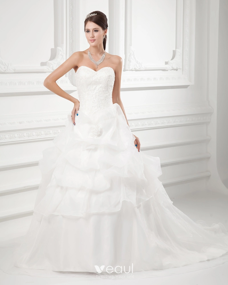 Modest / Simple White Satin Corset Wedding Dresses 2020 Ball Gown  Sweetheart Sleeveless Court Train Ruffle