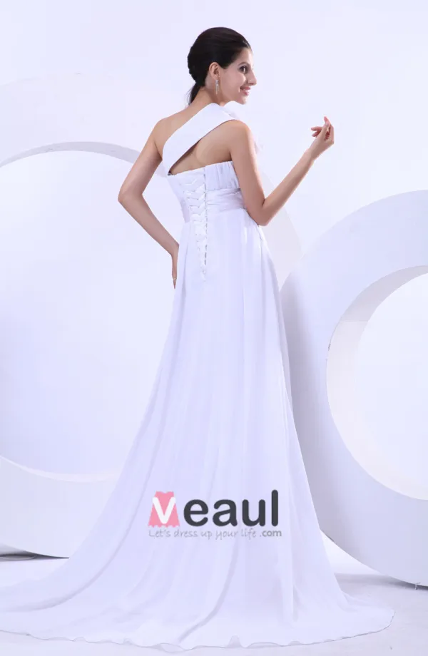 Chiffon Empire One Shoulder Sweetheart Chapel Train Wedding Dress