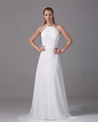 Elegant Halter Floor Length Pleated Chiffon Empire Wedding Dress