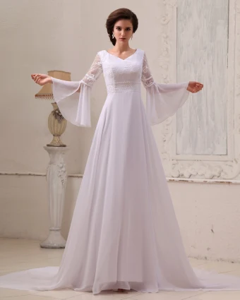 Embroidery Chiffon Beading Cathedral Train Empire Wedding Dresses