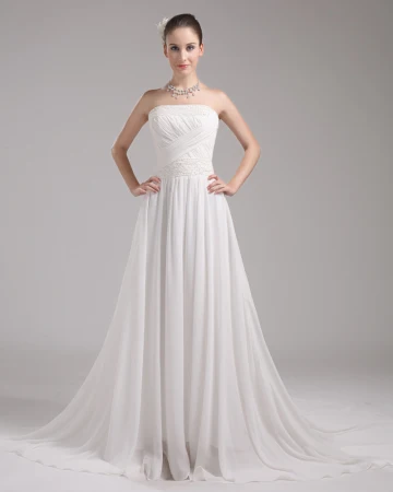 Mote Chiffon Charmeuse Beading Stroppelos Gulv Lengde Imperium Brudekjoler Bryllupskjoler