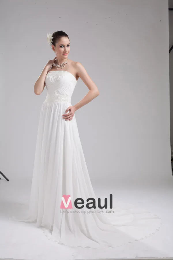 Mode Charmeuse Mousseline De Soie Perles Longueur De Plancher Robe De Mariée Empire Bretelles