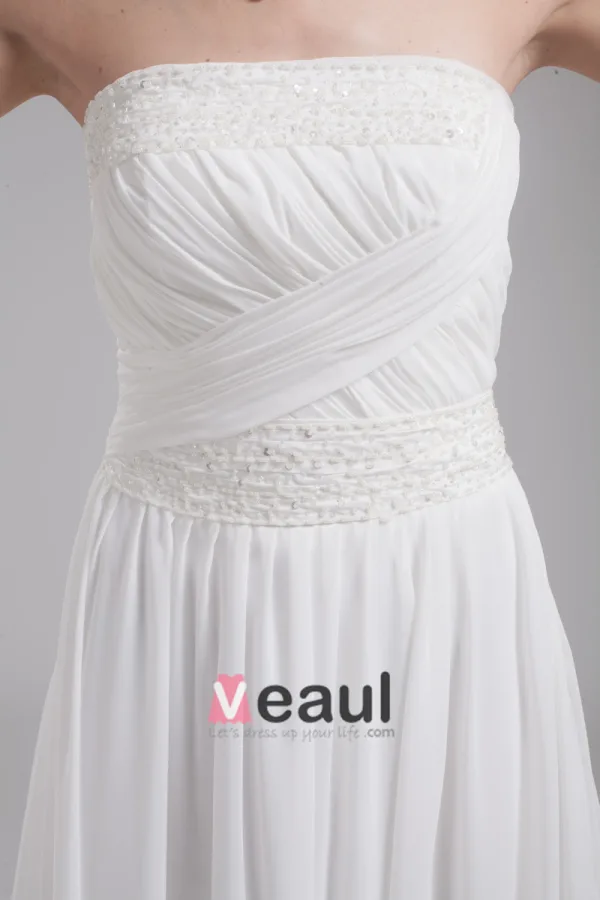 Mode Charmeuse Mousseline De Soie Perles Longueur De Plancher Robe De Mariée Empire Bretelles