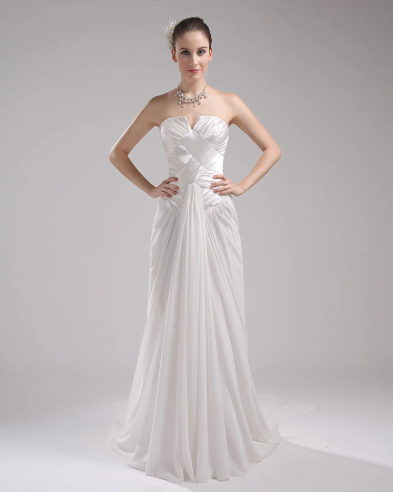 Mote Chiffon Charmeuse Plissert Kjaereste Domstol Tog Gulv Lengde Imperium Brudekjoler Bryllupskjoler