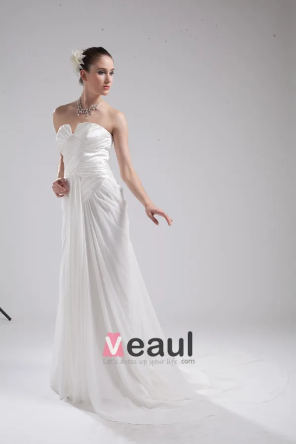 Fashion Chiffon Charmeuse Pleated Sweetheart Court Train Floor Length Empire Wedding Dress