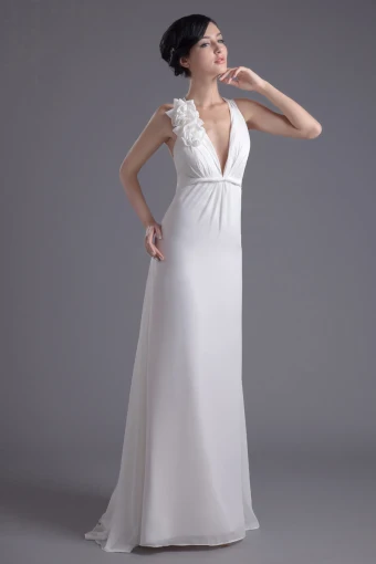 Fashion Chiffon Flower V Neck Floor Length Brush Train Empire Wedding Dress
