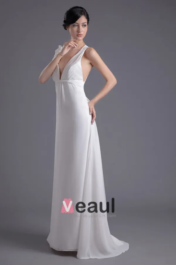 Fashion Chiffon Flower V Neck Floor Length Brush Train Empire Wedding Dress
