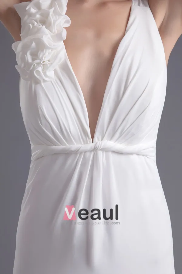 Fashion Chiffon Flower V Neck Floor Length Brush Train Empire Wedding Dress