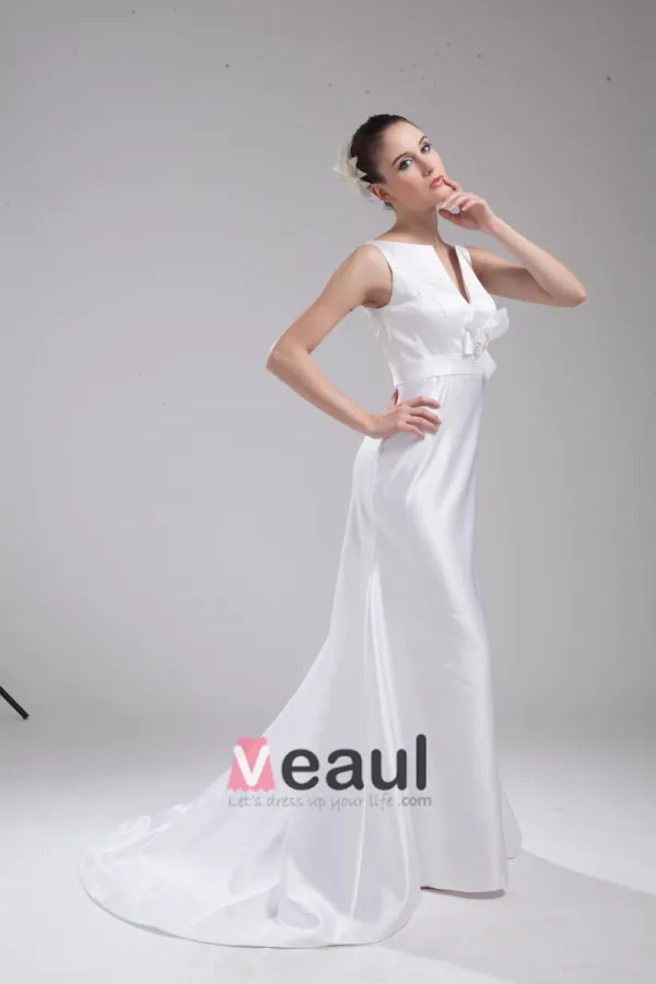 Fashion Satin Flower V Neck Floor Length Empire Wedding Dress