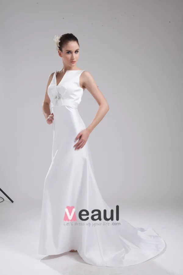 Fashion Satin Flower V Neck Floor Length Empire Wedding Dress