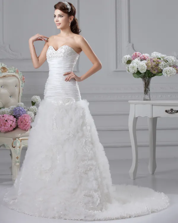 Flower Ruffle Sweetheart Court Empire Bridal Gown Wedding Dress