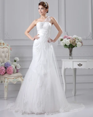 Une Epaule Etage Longueur Appliques Satin Plisse Femmes Robe De Mariée Empire
