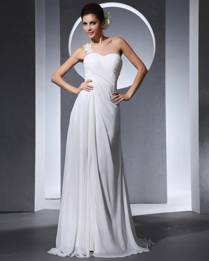 En Skulder Plissert Gulv Lengde Chiffon Kvinne Imperium Brudekjoler Bryllupskjoler