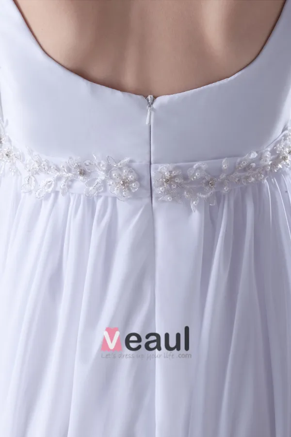 Rundhals Ärmel Reißverschluss Perlen Ruffle Bodenlange Frau Reich Hochzeitskleid