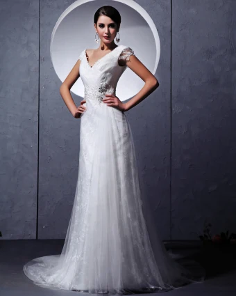 Ruffles Yarn Lace Sleeveless V Neck Chapel Train Empire Wedding Dresses