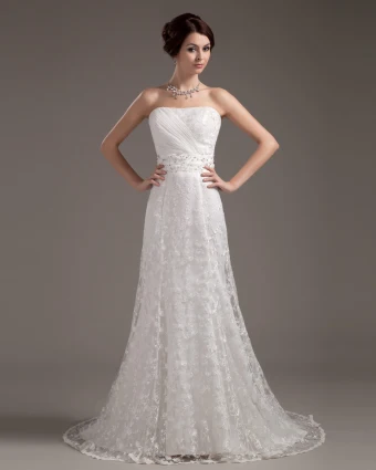 Satin Lace Sweetheart Chapel Bridal High Waist Wedding Dresses