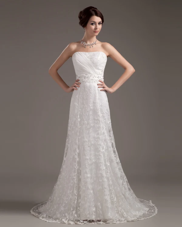 Satin Lace Sweetheart Chapel Bridal High Waist Wedding Dresses