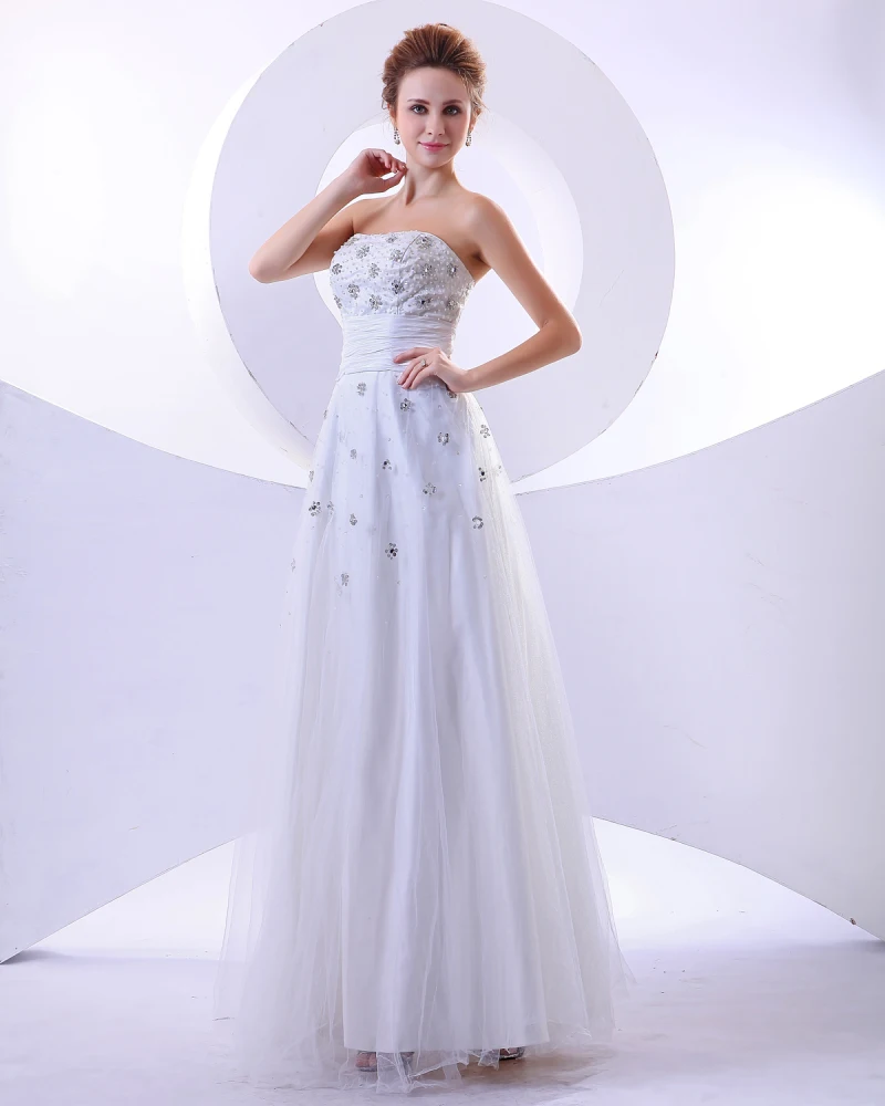 Satin Tyll Ruffles Ermelos Beading Imperium Brudekjoler Bryllupskjoler