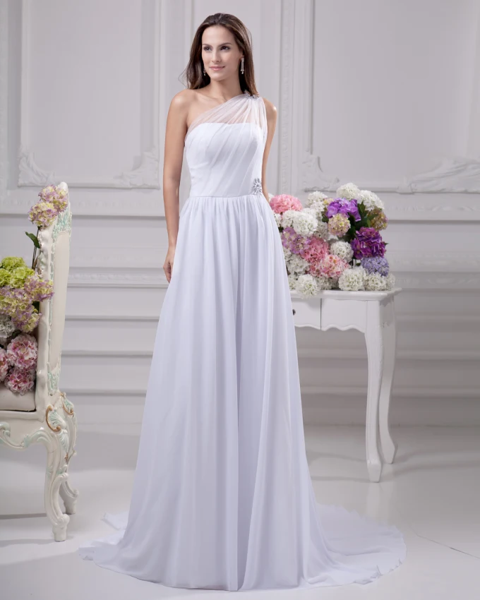 Skranende Gulv Lengde Beading Plissert Chiffon Kvinner Imperium Brudekjoler Bryllupskjoler