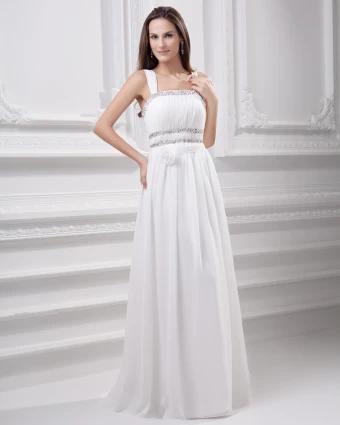 Spaghetti Straps Floor Length Beading Pleated Chiffon Empire Wedding Dress