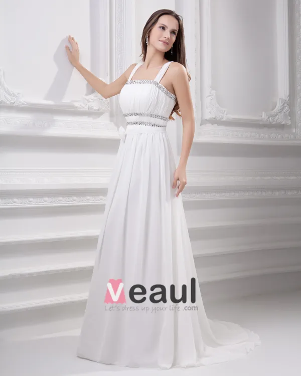 Spaghetti Straps Floor Length Beading Pleated Chiffon Empire Wedding Dress