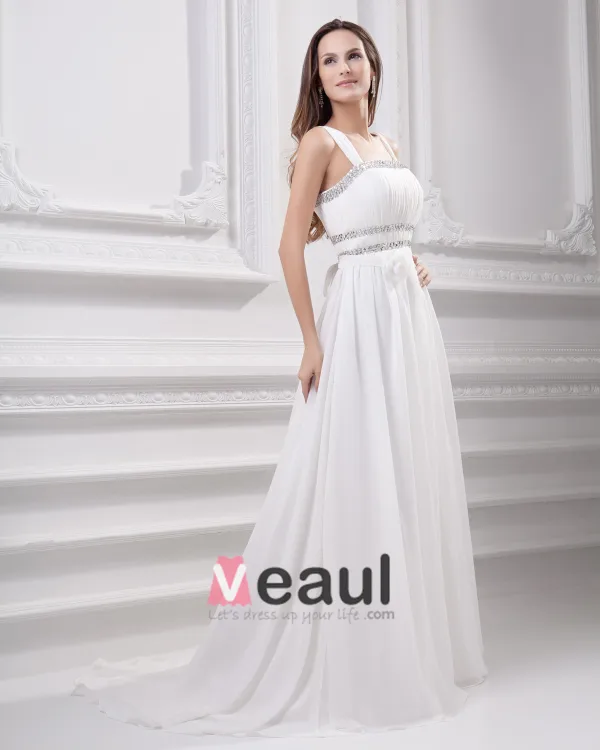 Spaghetti Straps Floor Length Beading Pleated Chiffon Empire Wedding Dress