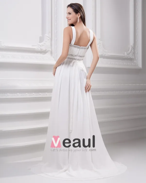 Spaghetti Straps Floor Length Beading Pleated Chiffon Empire Wedding Dress