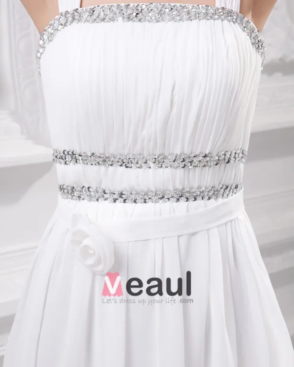 Spaghetti Straps Floor Length Beading Pleated Chiffon Empire Wedding Dress